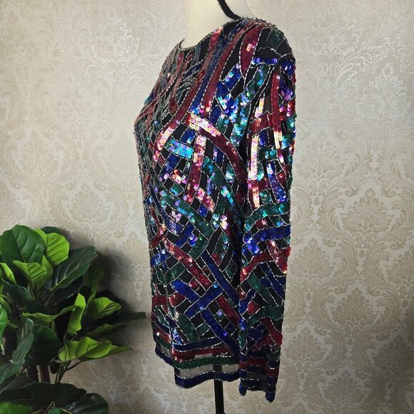 Vintage 80's Silk Sequin Beaded Evening Blouse Blue Green Fuchsia Black - Picture 5 of 16